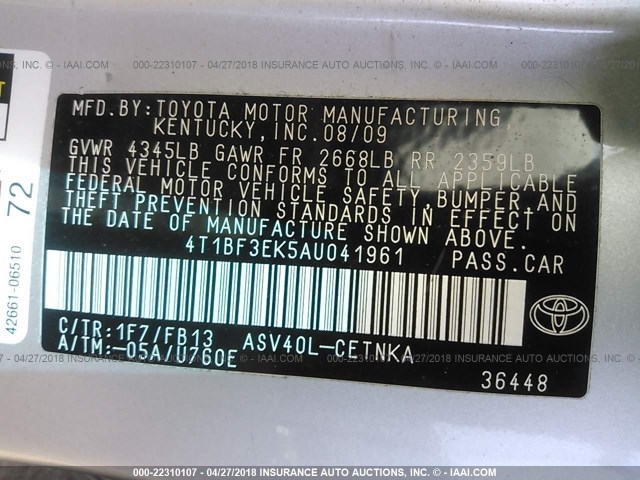 4T1BF3EK5AU041961 - 2010 TOYOTA CAMRY SE/LE/XLE SILVER photo 9