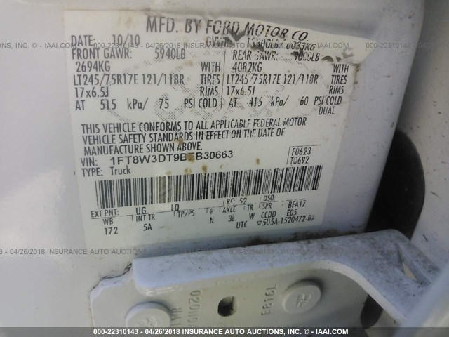 1FT8W3DT9BEB30663 - 2011 FORD F350 SUPER DUTY WHITE photo 9