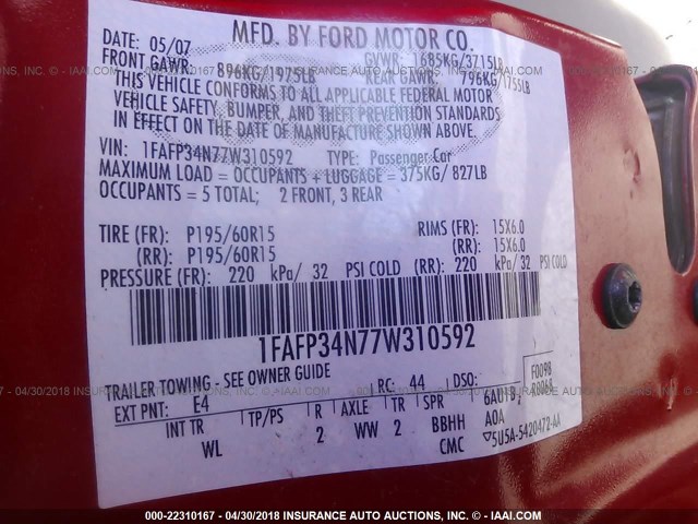 1FAFP34N77W310592 - 2007 FORD FOCUS ZX4/S/SE/SES RED photo 9