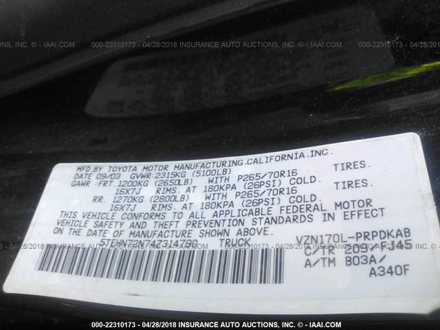 5TEHN72N74Z314790 - 2004 TOYOTA TACOMA DOUBLE CAB 黑色 照片 9