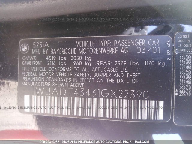 WBADT43431GX22390 - 2001 BMW 525 I AUTOMATIC BLACK photo 9