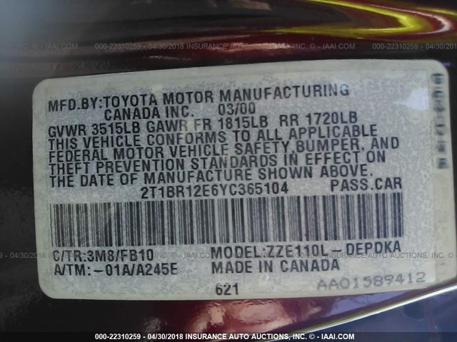 2T1BR12E6YC365104 - 2000 TOYOTA COROLLA VE/CE/LE 红色 照片 9