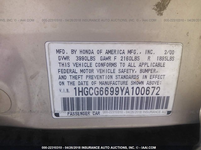 1HGCG6699YA100672 - 2000 HONDA ACCORD SE GOLD photo 9