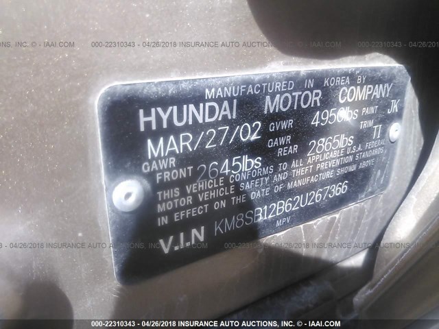 KM8SB12B62U267366 - 2002 HYUNDAI SANTA FE GL GOLD photo 9