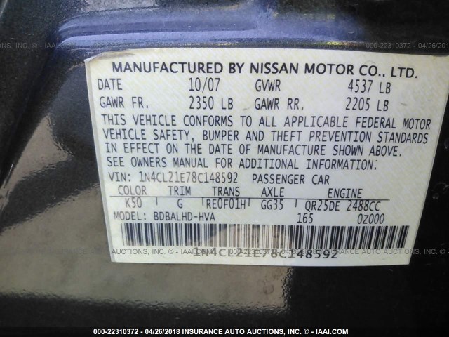 1N4CL21E78C148592 - 2008 NISSAN ALTIMA HYBRID GRAY photo 9