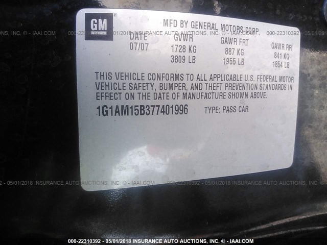 1G1AM15B377401996 - 2007 CHEVROLET COBALT SS BLACK photo 9