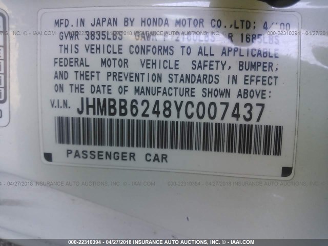 JHMBB6248YC007437 - 2000 HONDA PRELUDE WHITE photo 9