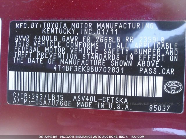 4T1BF3EK9BU702831 - 2011 TOYOTA CAMRY SE/LE/XLE 红色 照片 9