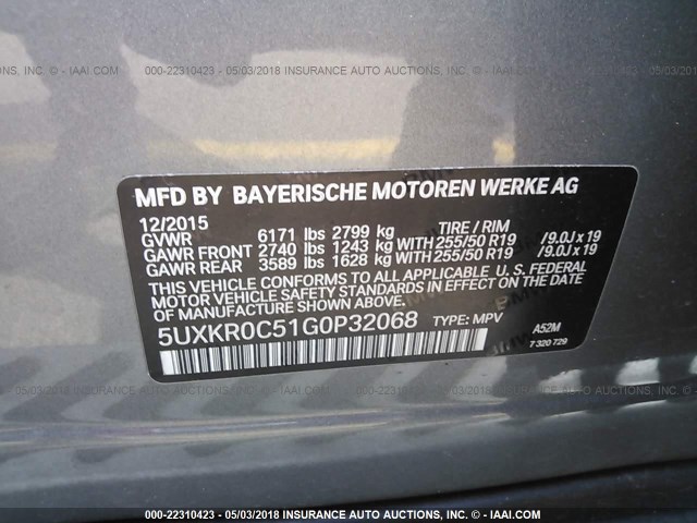 5UXKR0C51G0P32068 - 2016 BMW X5 XDRIVE35I GRAY photo 9