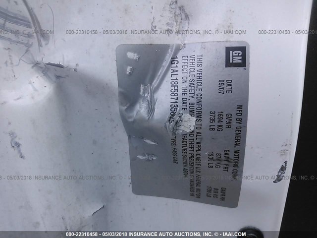 1G1AL18F587135805 - 2008 CHEVROLET COBALT LT WHITE photo 9