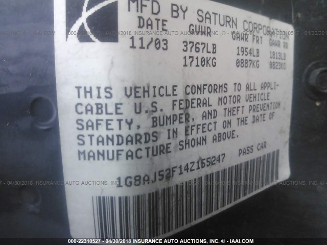 1G8AJ52F14Z155247 - 2004 SATURN ION LEVEL 2 Boz foto 9