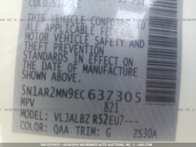 5N1AR2MN9EC637305 - 2014 NISSAN PATHFINDER S/SV/SL/PLATINUM 白色 照片 9