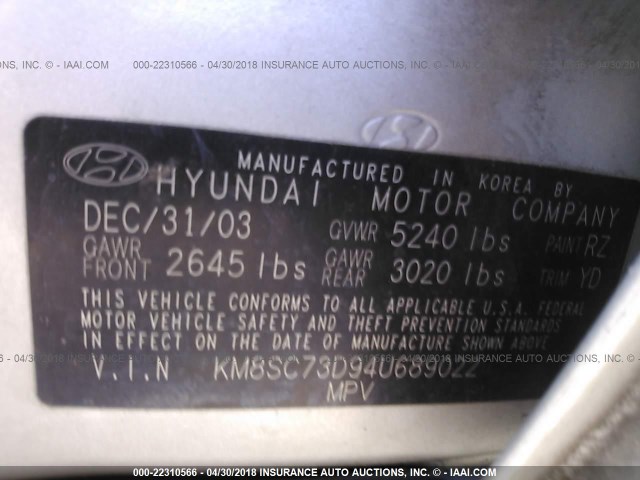 KM8SC73D94U689022 - 2004 HYUNDAI SANTA FE GLS/LX SILVER photo 9