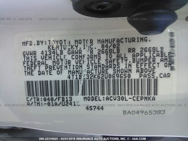 4T1BE32K62U069650 - 2002 TOYOTA CAMRY LE/XLE/SE 白色 照片 9