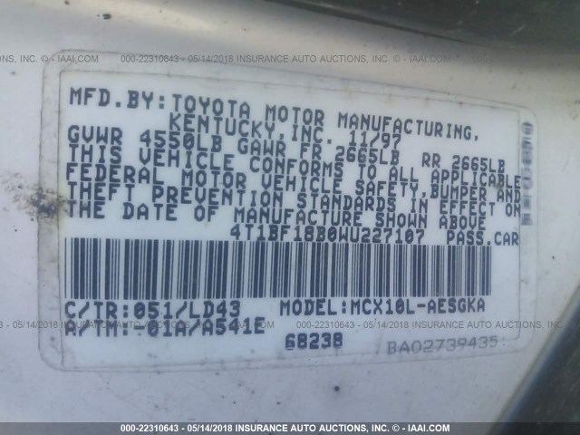 4T1BF18B0WU227107 - 1998 TOYOTA AVALON XL/XLS WHITE photo 9