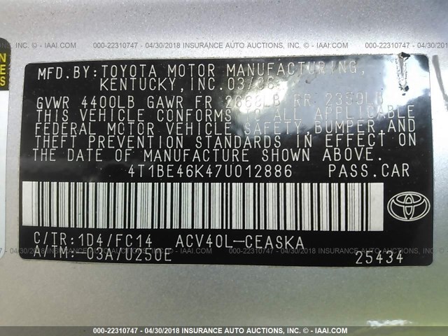 4T1BE46K47U012886 - 2007 TOYOTA CAMRY NEW GENERAT CE/LE/XLE/SE SILVER photo 9