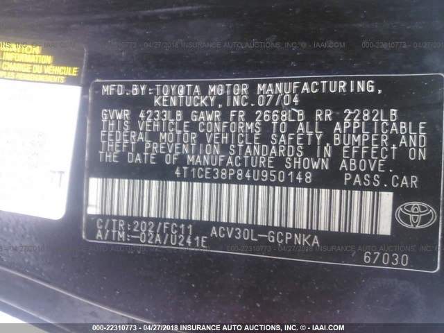 4T1CE38P84U950148 - 2004 TOYOTA CAMRY SOLARA SE/SLE შავი ფოტო 9