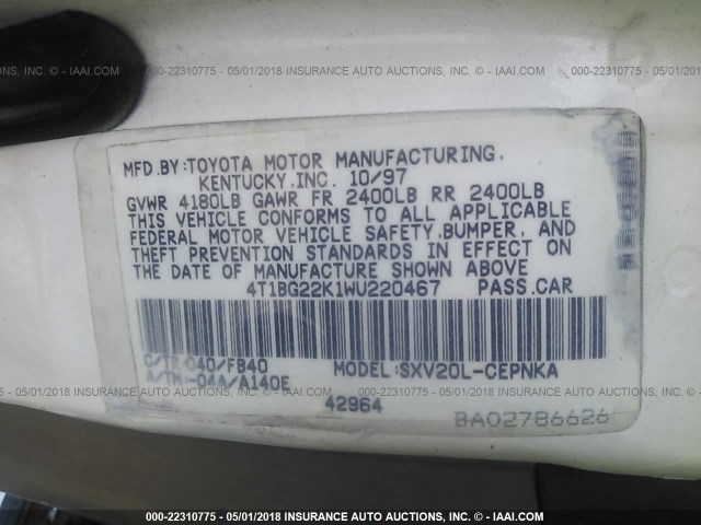 4T1BG22K1WU220467 - 1998 TOYOTA CAMRY CE/LE/XLE 白色 照片 9