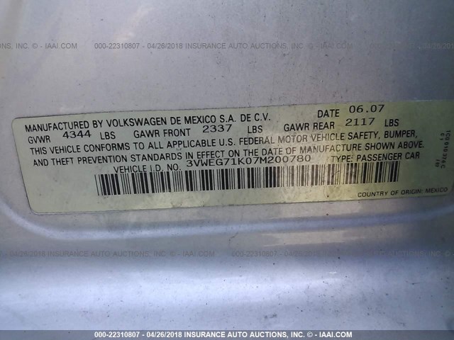 3VWEG71K07M200780 - 2007 VOLKSWAGEN JETTA WOLFSBURG 银色 照片 9