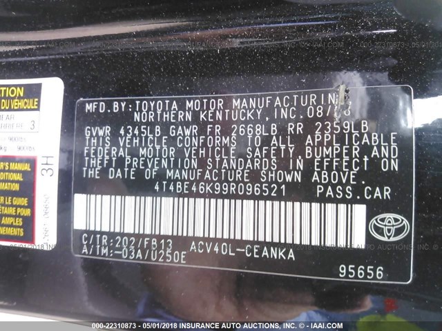 4T4BE46K99R096521 - 2009 TOYOTA CAMRY SE/LE/XLE BLACK photo 9