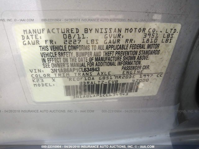 3N1AB6AP1CL634943 - 2012 NISSAN SENTRA 2.0/2.0S/SR/2.0SL SILVER photo 9