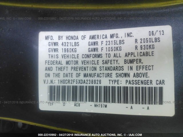 1HGCR2F5XDA238926 - 2013 HONDA ACCORD SPORT 灰色 照片 9
