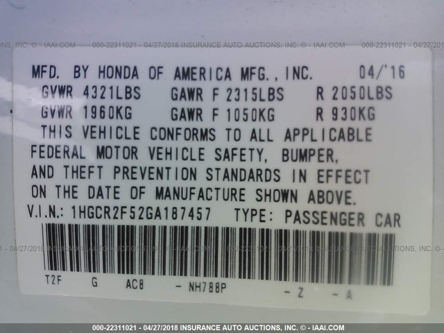 1HGCR2F52GA187457 - 2016 HONDA ACCORD SPORT 白色 照片 9