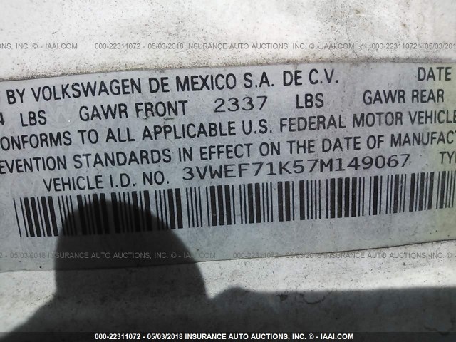 3VWEF71K57M149067 - 2007 VOLKSWAGEN JETTA WOLFSBURG 白色 照片 9