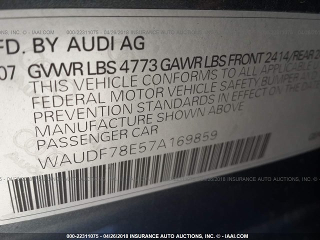 WAUDF78E57A169859 - 2007 AUDI A4 2.0T QUATTRO GRAY photo 9