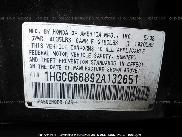 1HGCG66892A132651 - 2002 HONDA ACCORD EX/SE BLACK photo 9