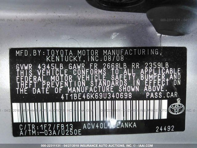 4T1BE46K69U340698 - 2009 TOYOTA CAMRY SE/LE/XLE SILVER photo 9