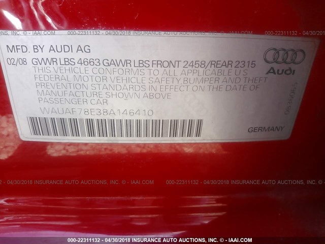 WAUAF78E38A146410 - 2008 AUDI A4 2.0T RED photo 9