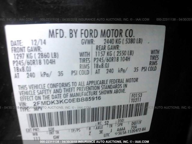 2FMDK3KC0EBB85916 - 2014 FORD EDGE LIMITED BLACK photo 9