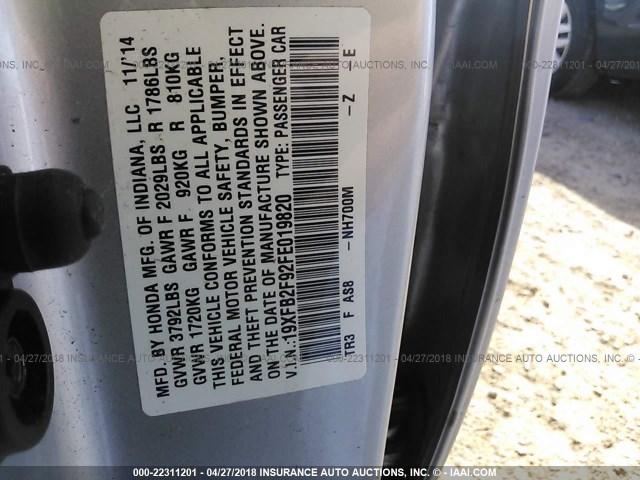 19XFB2F92FE019820 - 2015 HONDA CIVIC EXL SILVER photo 9