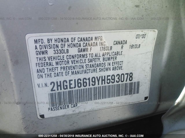 2HGEJ6619YH593078 - 2000 HONDA CIVIC SE SILVER photo 9