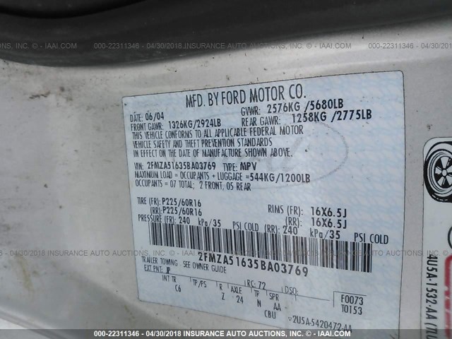 2FMZA51635BA03769 - 2005 FORD FREESTAR SE SILVER photo 9