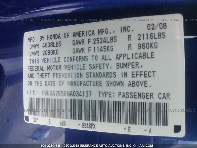 19UUA76568A034137 - 2008 ACURA TL TYPE S BLUE photo 9