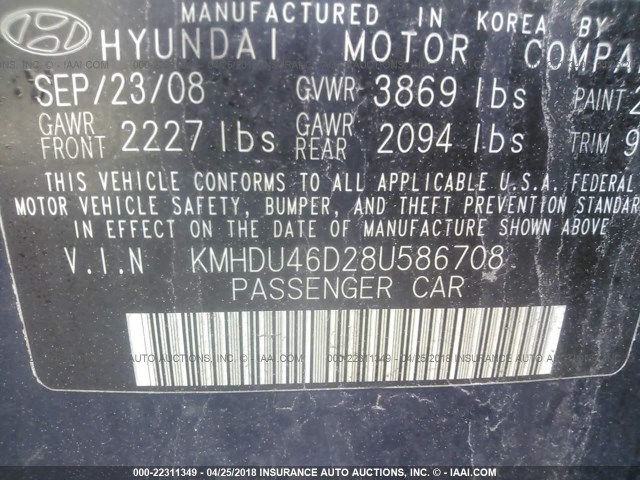 KMHDU46D28U586708 - 2008 HYUNDAI ELANTRA GLS/SE/LIMITED Dark Blue photo 9