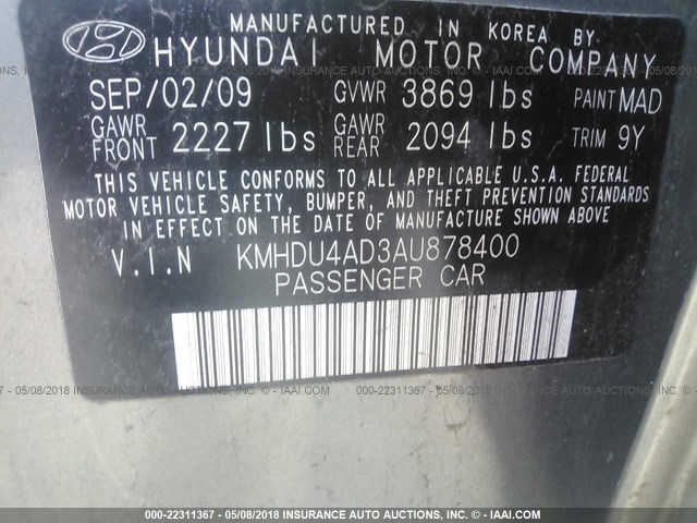 KMHDU4AD3AU878400 - 2010 HYUNDAI ELANTRA BLUE/GLS/SE GREEN photo 9