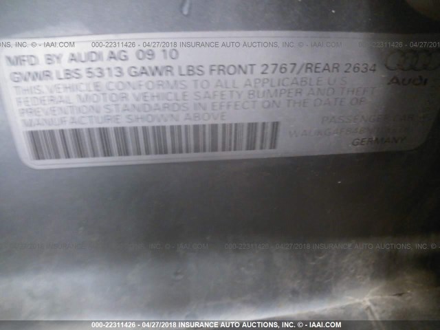 WAUKGAFB4BN028678 - 2011 AUDI A6 PRESTIGE GRAY photo 9