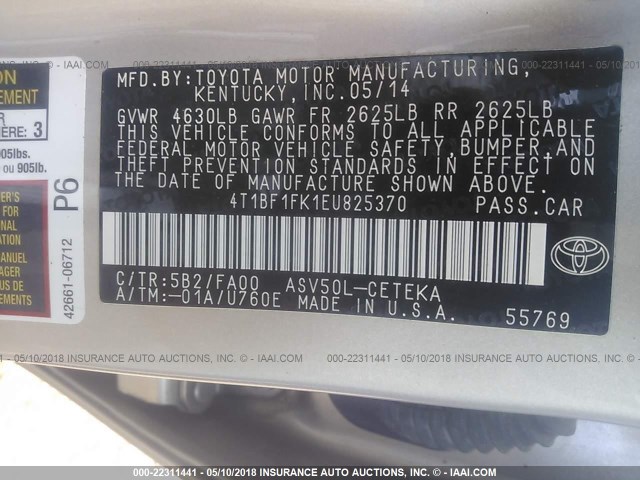 4T1BF1FK1EU825370 - 2014 TOYOTA CAMRY L/SE/LE/XLE Gümüş foto 9