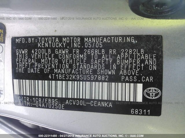 4T1BE32K95U597882 - 2005 TOYOTA CAMRY LE/XLE/SE 银色 照片 9