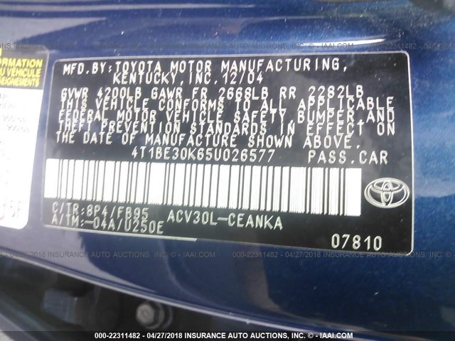 4T1BE30K65U026577 - 2005 TOYOTA CAMRY LE/XLE/SE 蓝色 照片 9