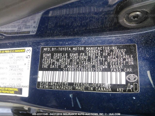 2T1BR32E88C887907 - 2008 TOYOTA COROLLA CE/LE/S BLUE photo 9