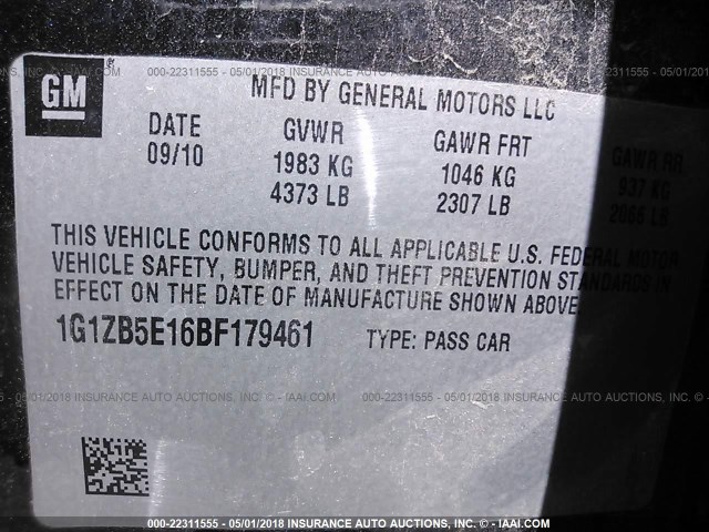 1G1ZB5E16BF179461 - 2011 CHEVROLET MALIBU LS 黑色 照片 9