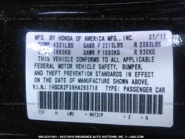 1HGCR2F59HA265718 - 2017 HONDA ACCORD SPORT 黑色 照片 9