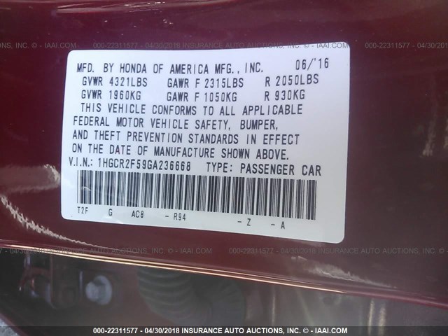 1HGCR2F59GA236668 - 2016 HONDA ACCORD SPORT 红色 照片 9