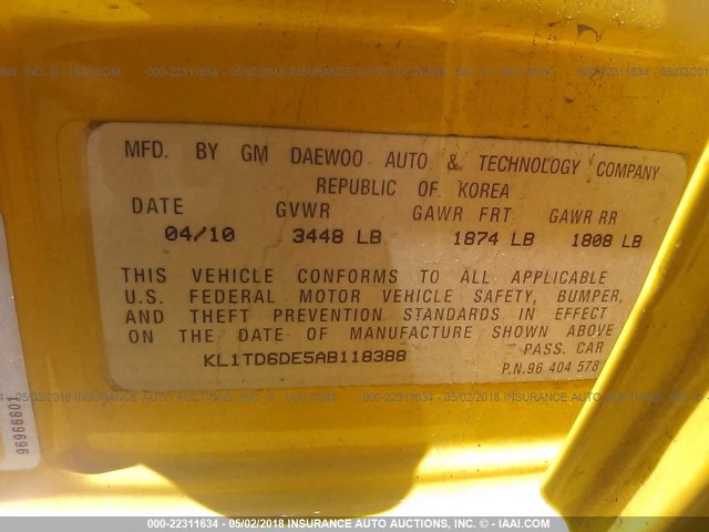 KL1TD6DE5AB118388 - 2010 CHEVROLET AVEO LS/LT 黄色 照片 9