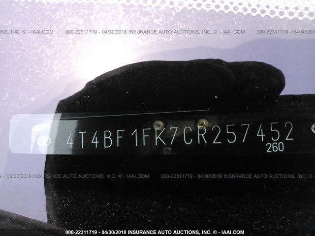 4T4BF1FK7CR257452 - 2012 TOYOTA CAMRY SE/LE/XLE WHITE photo 9