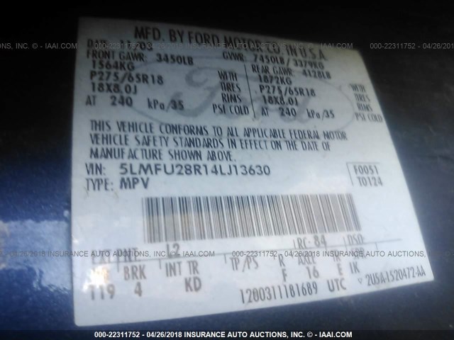 5LMFU28R14LJ13630 - 2004 LINCOLN NAVIGATOR 蓝色 照片 9